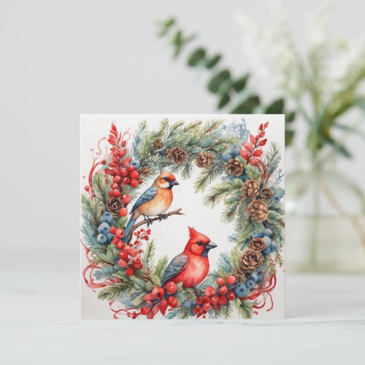 Kerstmis Kardinalen, Bessen, Pinecones krans Feestdagenkaart (Staand voorkant)