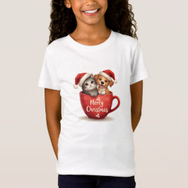 Kerstmis Kat en Hond in Mok T-shirt, Cute Huisdier T-shirt