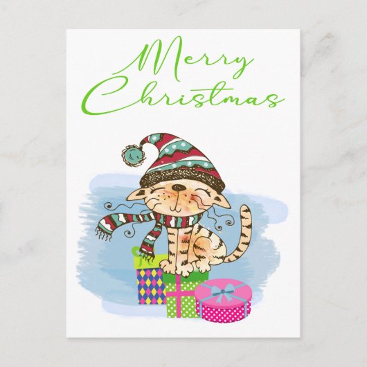 Kerstmis kat illustratie vakantie ansichtkaart feestdagenkaart (Voorkant)