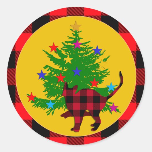 Kerstmis Kat met boom en rode buffel geruit Ronde Sticker (Voorkant)