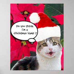 KERSTMIS KAT MET SANTA CLAUS HOED EN POINSETTIAS POSTER