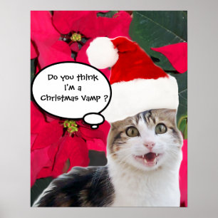 KERSTMIS KAT MET SANTA CLAUS HOED EN POINSETTIAS POSTER