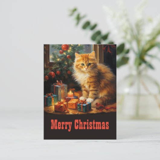 Kerstmis Kat Schilderen Briefkaart (Staand voorkant)