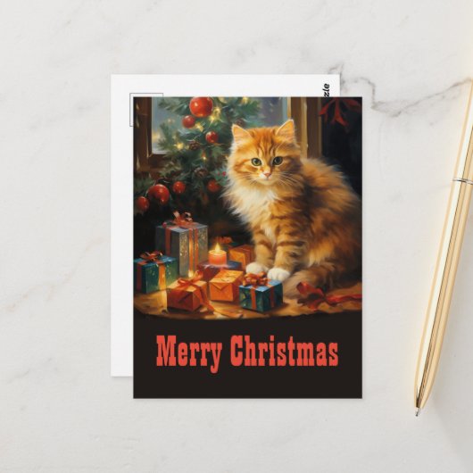 Kerstmis Kat Schilderen Briefkaart (Voorkant / Achterkant in situ)
