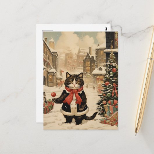 Kerstmis Kat, Sneeuwdag Briefkaart (Voorkant / Achterkant in situ)