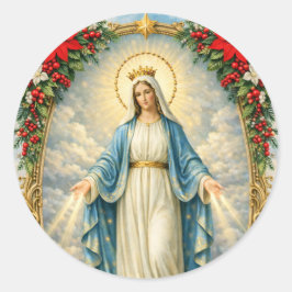 Kerstmis Katholieke Maagd Maria Poinsettia's Ronde Sticker