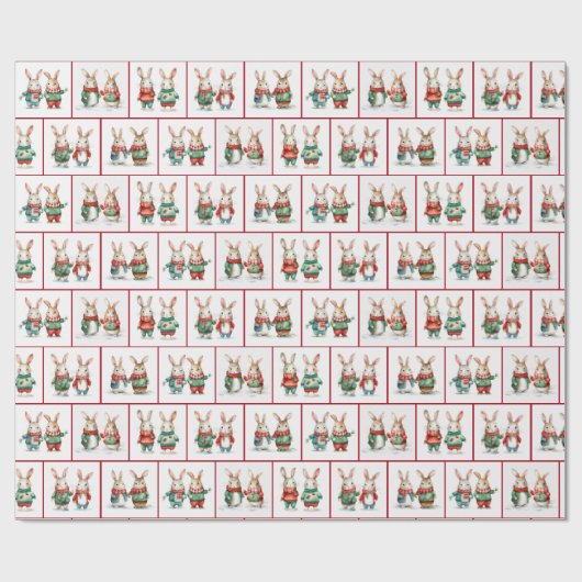 Kerstmis katoenstaart konijn koppels cadeaupapier (Vlak)