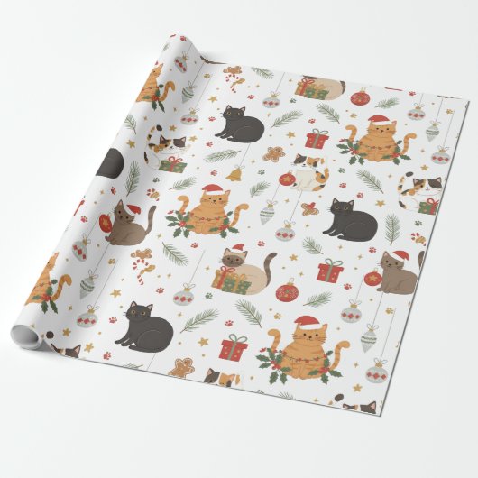 Kerstmis Katten Patroon Geschenk Cadeaupapier (Uitgerold)