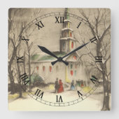 Kerstmis, kerk in winterslaap vierkante klok (Voorkant)