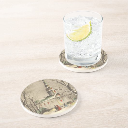 Kerstmis, kerk in winterslaap zandsteen onderzetter (Zijkant)