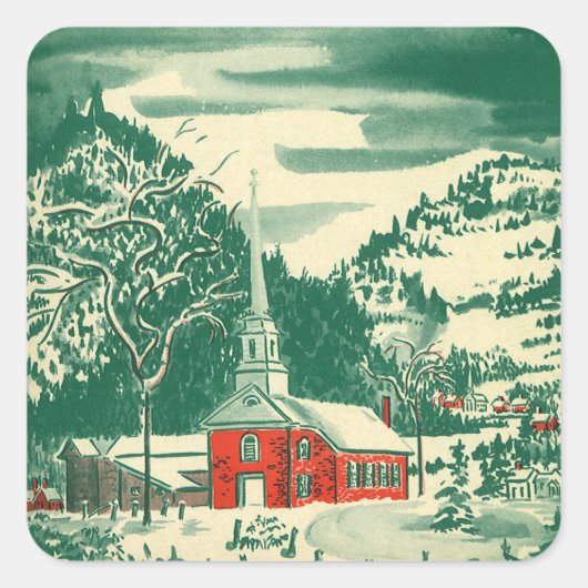 Kerstmis kerkdorp in de sneeuw in de winter vierkante sticker (Voorkant)