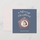 Kerstmis Kersenrood Krans Blauw Wit Foto Feestdagenkaart (Voorkant / Achterkant)