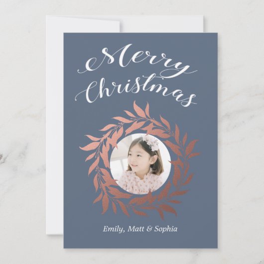 Kerstmis Kersenrood Krans Blauw Wit Foto Feestdagenkaart (Voorkant)