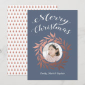 Kerstmis Kersenrood Krans Blauw Wit Foto Feestdagenkaart (Voorkant / Achterkant)