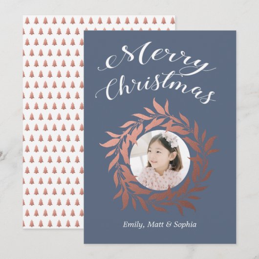 Kerstmis Kersenrood Krans Blauw Wit Foto Feestdagenkaart (Voorkant / Achterkant)