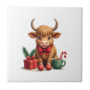 Kerstmis Kerst Koei met Strik Cadeau en C Tegeltje