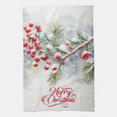 Kerstmis Kerst met Rode Bessen Keukenhanddoek (Verticaal)