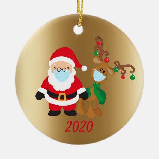 Kerstmis, kerstbal, kerstman en rendier, 2020 Gold Keramisch Ornament (Voorkant)