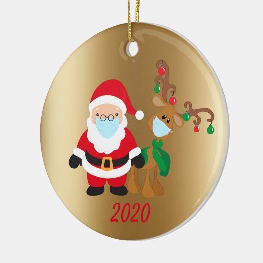Kerstmis, kerstbal, kerstman en rendier, 2020 Gold Keramisch Ornament (Links)