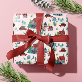 Kerstmis Kerstboom Dorp Roze Retro Auto Feestelijk Cadeaupapier
