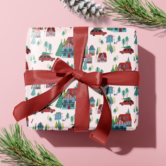 Kerstmis Kerstboom Dorp Roze Retro Auto Feestelijk Cadeaupapier