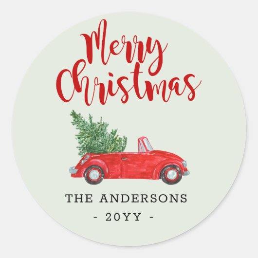 Kerstmis Kerstboom in Rode Auto Vakantie Ronde Sticker (Voorkant)