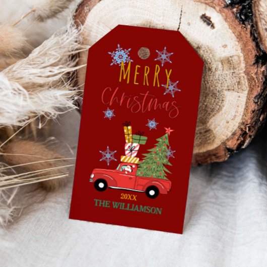 Kerstmis Kerstboom op rode auto vrachtwagen  Cadeaulabel
