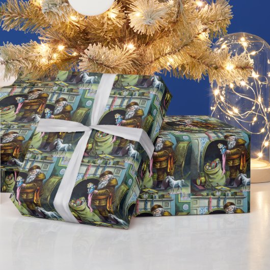 Kerstmis, kerstkerstmannetjes met speelgoed cadeaupapier (Feestdagen)