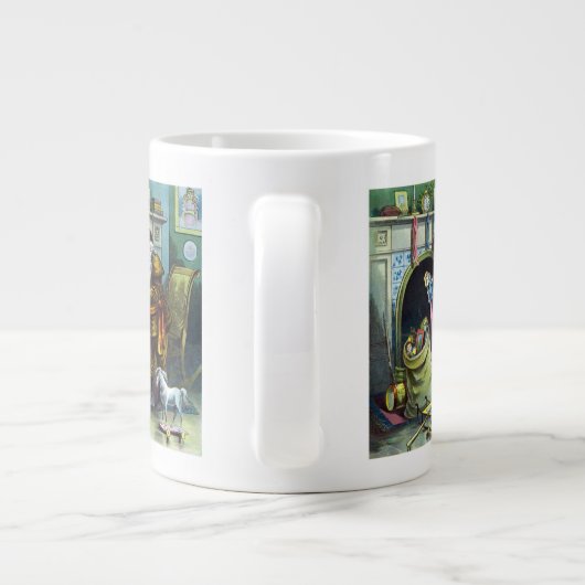 Kerstmis, kerstkerstmannetjes met speelgoed grote koffiekop (Achterkant)