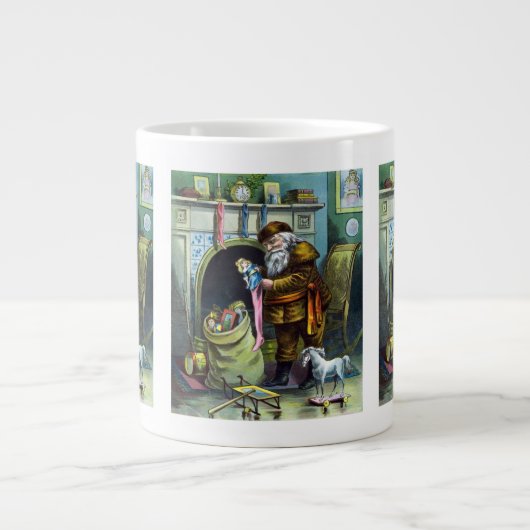 Kerstmis, kerstkerstmannetjes met speelgoed grote koffiekop (Voorkant)