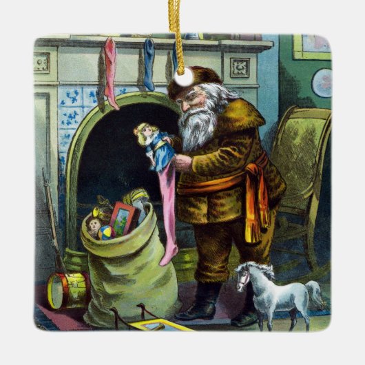 Kerstmis, kerstkerstmannetjes met speelgoed keramisch ornament (Voorkant)