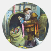 Kerstmis, kerstkerstmannetjes met speelgoed ronde sticker (Voorkant)