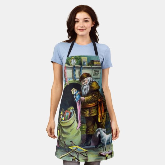 Kerstmis, kerstkerstmannetjes met speelgoed schort (Gedragen)