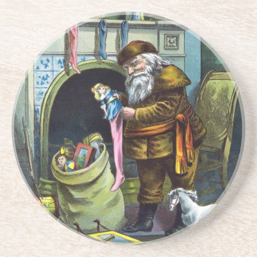 Kerstmis, kerstkerstmannetjes met speelgoed zandsteen onderzetter (Voorkant)