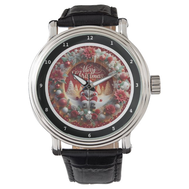 Kerstmis Kerstman en krans decoratief  Horloge (Voorkant)