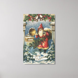 Kerstmis, kerstman en recordspeler canvas afdruk