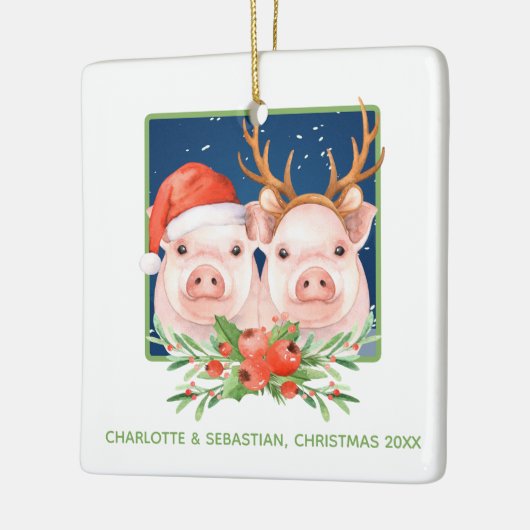 Kerstmis: kerstman en rendehond keramisch ornament (Links)