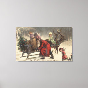 Kerstmis, Kerstman en slee Canvas Afdruk