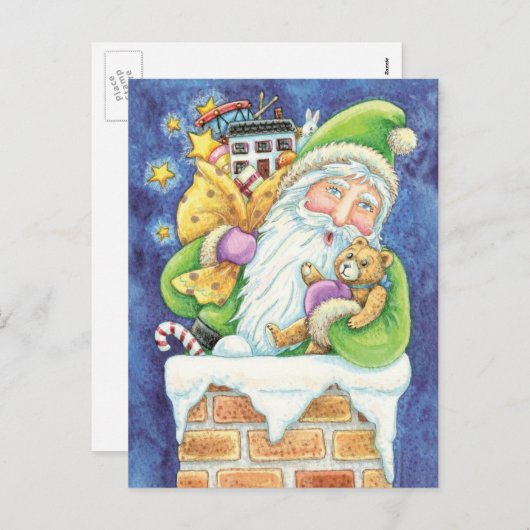Kerstmis, kerstman in Chimney met speelgoed Feestdagenkaart (Voorkant / Achterkant)