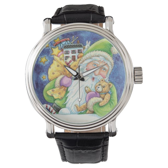 Kerstmis, kerstman in Chimney met speelgoed Horloge (Voorkant)