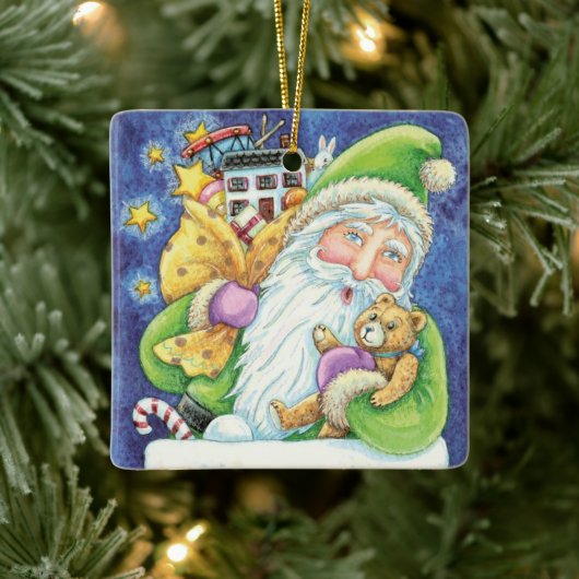 Kerstmis, kerstman in Chimney met speelgoed Keramisch Ornament (Boom)