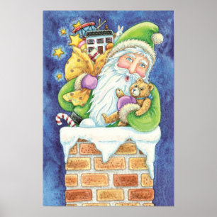 Kerstmis, kerstman in Chimney met speelgoed Poster
