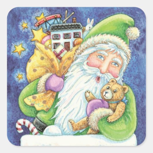 Kerstmis, kerstman in Chimney met speelgoed Vierkante Sticker (Voorkant)