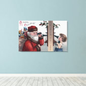 Kerstmis, Kerstman, Kerstman en telefoon Canvas Afdruk (Insitu (Houten vloer))