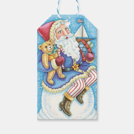 Kerstmis, kerstman, kerstman op sneeuwbal met spee cadeaulabel (Voorkant)