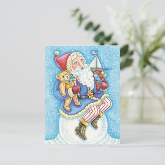 Kerstmis, kerstman, kerstman op sneeuwbal met spee feestdagenkaart (Staand voorkant)