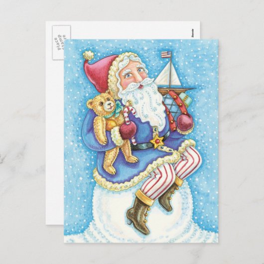 Kerstmis, kerstman, kerstman op sneeuwbal met spee feestdagenkaart (Voorkant / Achterkant)