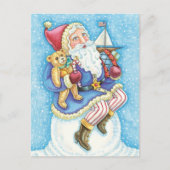 Kerstmis, kerstman, kerstman op sneeuwbal met spee feestdagenkaart (Voorkant)