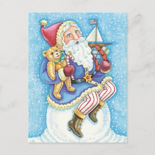 Kerstmis, kerstman, kerstman op sneeuwbal met spee feestdagenkaart (Voorkant)