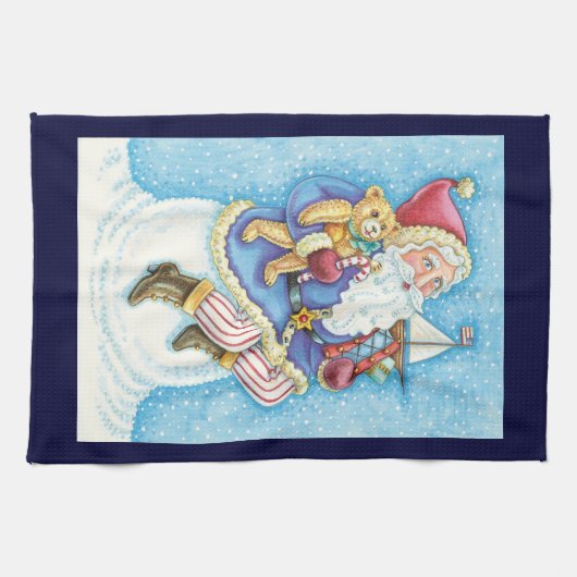 Kerstmis, kerstman, kerstman op sneeuwbal met spee theedoek (Horizontaal)